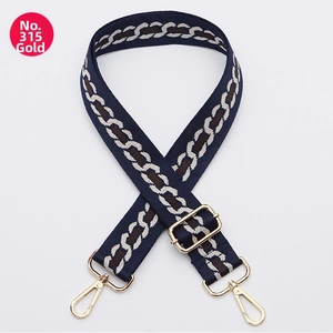 Detail of adjustable wide nylon shoulder strap with blue pattern and gold hardware