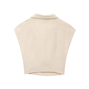 Elegante gilet beige senza maniche in misto lino con colletto in vista piatta