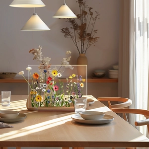 Detailed view of 3D acrylic flower vase with colorful wildflowers on a wooden base