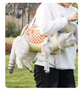 Detail of checkered cat carrier sling showing leg openings and comfortable outdoor wear