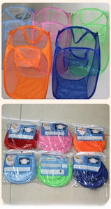 Collapsible mesh laundry baskets in multiple colors showing open and folded states