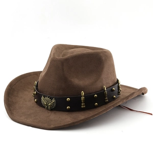 Classic dark brown suede western cowboy hat with studded leather band and wing badge