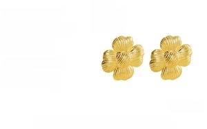 Detailed view of 18K gold plated titanium steel flower earrings with radial texture