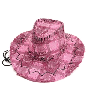 Pink plaid denim cowboy hat featuring distressed raw edges and black zigzag stitching detail