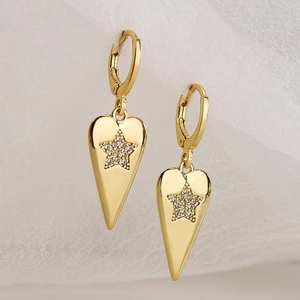 Elegant 18K gold plated heart earrings with sparkling star zircon stones on white mesh