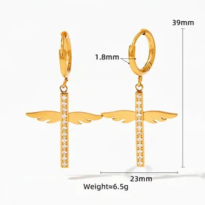 Golden angel wing cross earrings with sparkling zircons and dimensions of 39x23mm