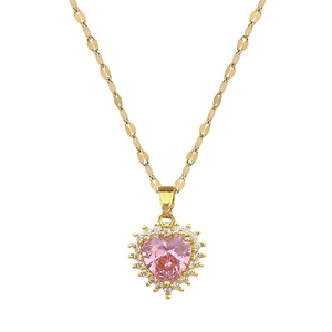 Elegant titanium steel necklace with pink heart pendant and pavé crystals on gold chain