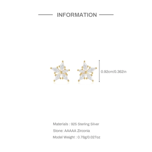 Detailed spec sheet showing 925 sterling silver star stud earrings with marquise zirconia
