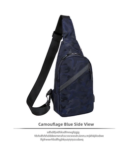 Details der blauen Camouflage-Brusttasche mit USB-Ladeanschluss und Reißverschluss