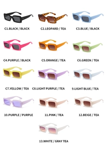 Detailed catalog of rectangular sunglasses in 13 jelly and macaron color variations