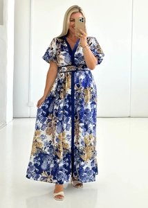 Detail of blue and gold floral print maxi dress with button V-neck and matching belt