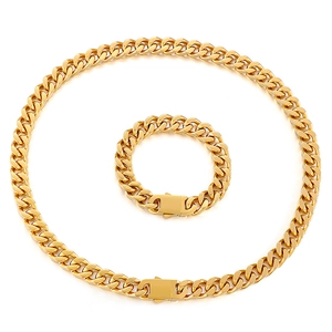 Ensemble collier et bracelet maille cubaine en acier inoxydable doré avec fermoirs mousqueton