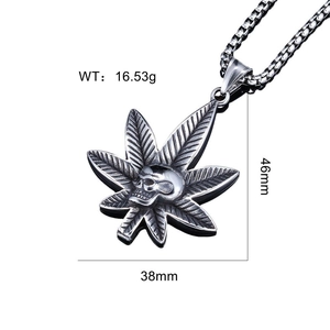 Polished stainless steel maple leaf skull pendant dimensions showing 46mm height and 38mm width