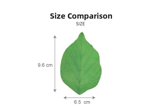 Größentabelle für blattförmige Haftnotizen mit Maßen von 9,6 cm mal 6,5 cm im Detail