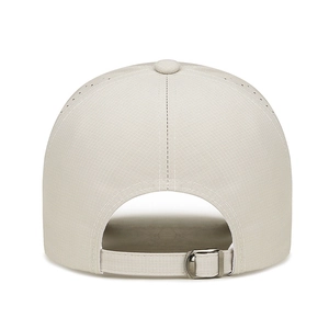 Back view of beige mesh baseball cap with breathable laser holes and adjustable metal buckle