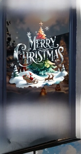 Close-up of Merry Christmas reindeer and tree static window stickers for festive decor