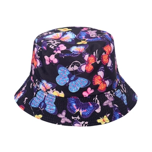Black bucket hat with colorful butterfly prints and reinforced stitching details