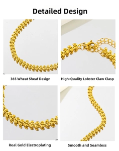 Detailed view of gold wheat-link necklace with lobster clasp and seamless finish