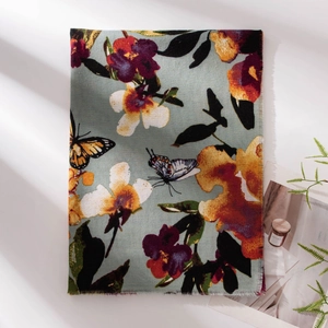 Butterfly Floral Print Faux Cashmere Scarf Large Soft Shawl Warm Winter Neck Warmer Wrap With Tassels For Women
