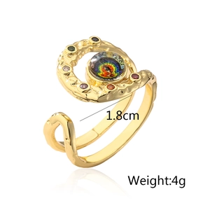 Detail view of Evil Eye adjustable ring showing 1.8cm diameter and 4g weight specs