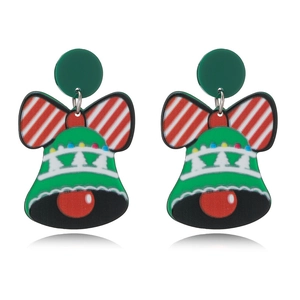 Festive Christmas bell earrings with red bow and colorful polka dots on white background