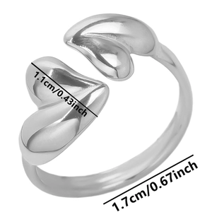 Detail showing dimensions of silver heart ring with 1.1cm element width and 1.7cm span