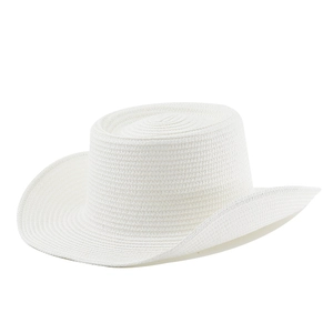 Close-up of a white flat-top straw hat with elegant curved brim and fine weaving detail