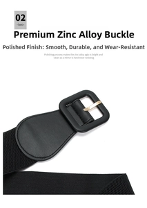 Detail view of the elegant rectangular zinc alloy buckle on a black elastic wide belt