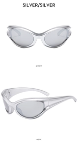 Vista frontale e laterale di occhiali da sole sportivi futuristici cat-eye argento lucido