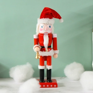Christmas Nutcracker Santa Claus Figurine Wooden Painted Ornament With Golden Bell Traditional Holiday Home Decor