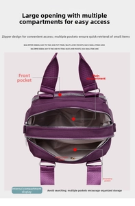 Detail view of purple nylon bag with four internal storage compartments and silver zippers