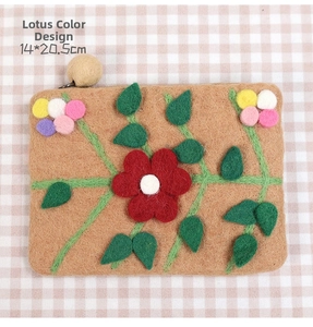 Macro detail of wool felt wallet in lotus root color with handmade flower embroidery