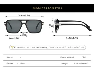 Detailed size chart for square double bridge sunglasses with specific frame measurements