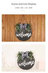 Détail de plaque de bienvenue en bois avec feuilles d'eucalyptus et nœud à carreaux