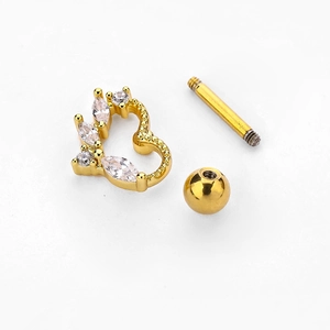 Golden stainless steel heart cartilage stud with cubic zirconia and screw back ball closure