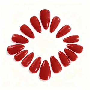 Glossy red almond press-on nails set arranged on a clean white background