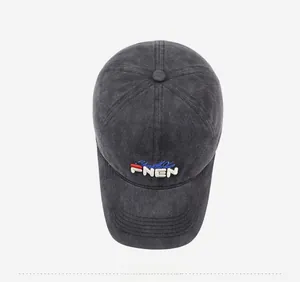 Top view of charcoal gray washed cotton baseball cap with embroidered FNEN lettering