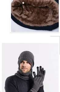 Detailed view of thermal fleece lining, knit beanie, neck warmer, and touchscreen gloves set