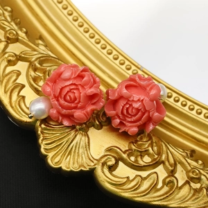 Pink carved rose earrings with natural white pearl and 925 silver needle for women