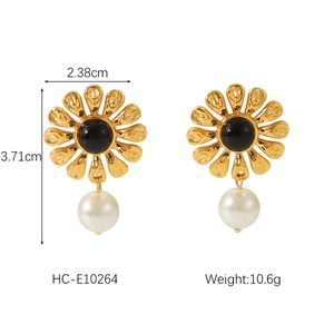 Detailed view of 18K gold flower earrings with pearl drop and dimensions measurement