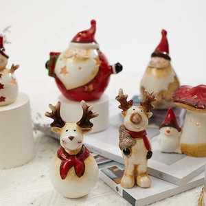 Retro Christmas ceramic ornaments with Santa, elk and snowman figures for table decor