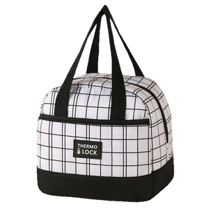 Waterproof insulated lunch bag with black and white checkered pattern and Thermo Lock label