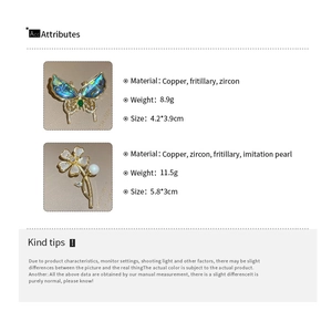 Détails des broches papillon et fleur avec spécifications des matériaux en cuivre et zircon