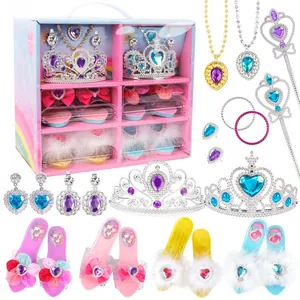 Detailed view of princess pretend play set with glitter shoes, crowns and fairy wands
