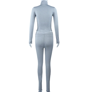 Detail of grey seamless knit fabric on stand collar long sleeve yoga sports jacket