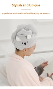 Detail of soft coral fleece koala hair drying towel with cute embroidered ears