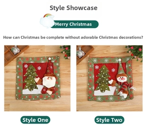 Detail of Christmas pillow cover featuring applique embroidery with Santa and Snowman motifs