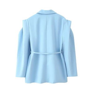 Light blue women's tailored blazer with waist tie belt and clean back view design