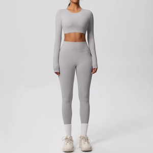 Detail showing the seamless brushed nylon fabric and high-waist fit of the yoga set