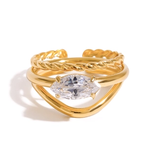 Double-layered gold-plated stainless steel open ring with marquise zircon and twisted texture